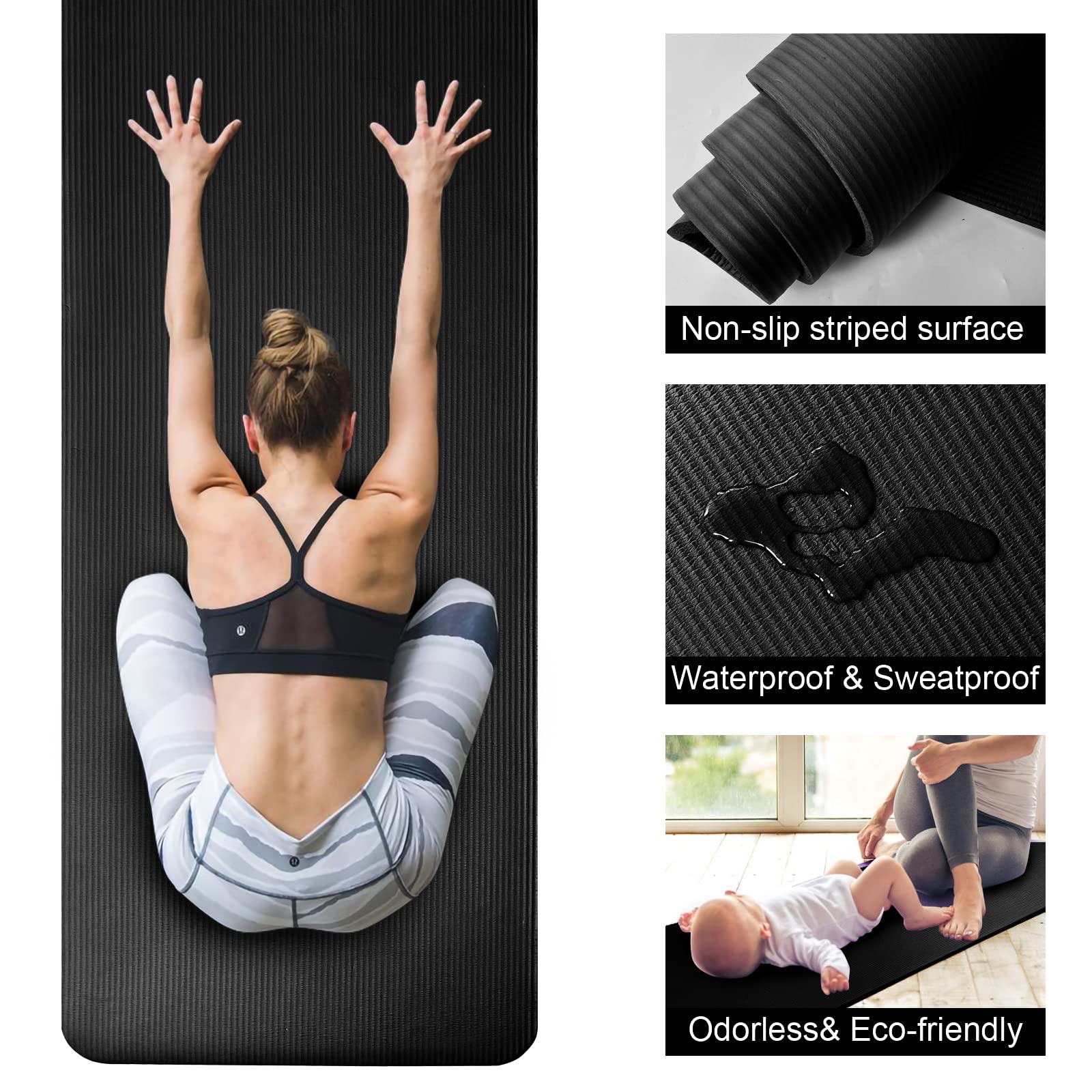 Stretching Is Life - SKY-TOUCH Yoga Mat Non Slip, Yoga Mat with Strap Included 10mm Thick Exercise Mat Ideal for HiiT, Pilates, Yoga and Many Other Home Workouts - Never Give Up Fit & Healthy