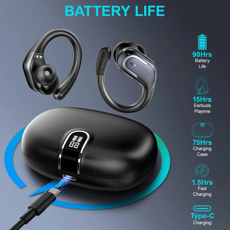 Wireless Sports Earbuds with Pure Bass Sound and LED Display - Black - Never Give Up Fit & Healthy
