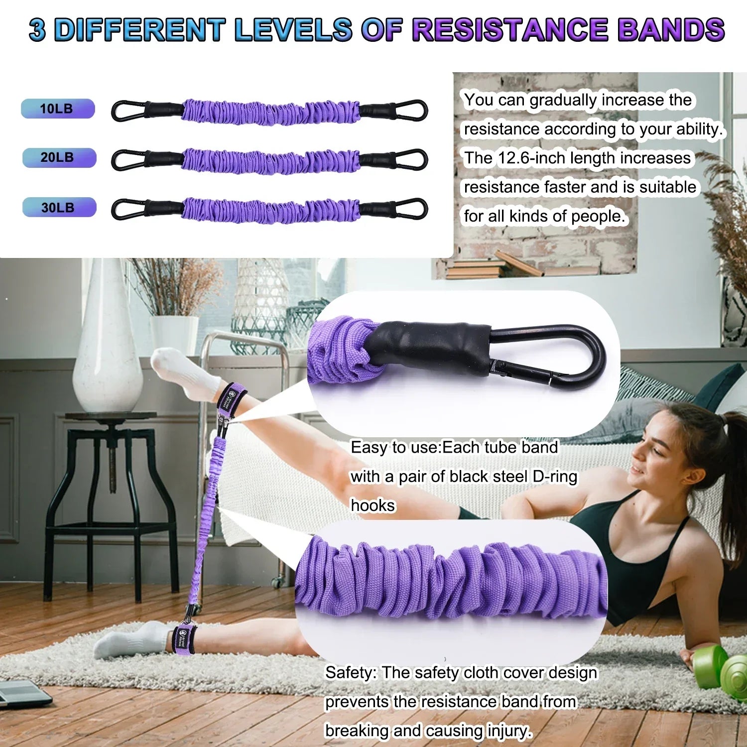 NNEOBA Leg & Glute Ankle Resistance Bands with Cuffs - 60LB Set of 3 - Never Give Up Fit & Healthy
