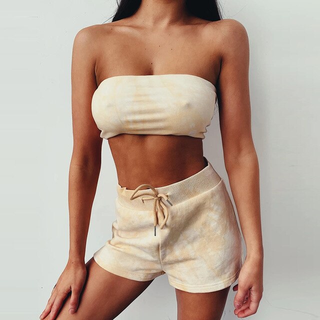 Sexy Tie Dye Fitness Tracksuit Set For Women Casual Gym Sportswear Push Up Running Work Out Outfits Tube Crop Top Shorts Suit - Never Give Up Fit & Healthy