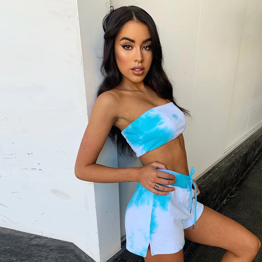Sexy Tie Dye Fitness Tracksuit Set For Women Casual Gym Sportswear Push Up Running Work Out Outfits Tube Crop Top Shorts Suit - Never Give Up Fit & Healthy